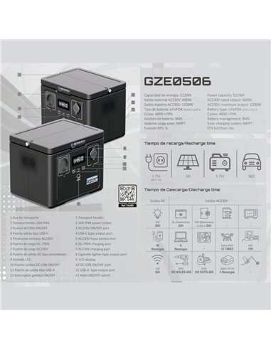 Estación de Energía GZE-0506 512 Wh 600 W