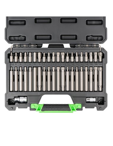 MALETÍN DE 42 PUNTAS HEXAGONALES, 12 CANTOS Y TORX INVIOLABLES DE 1/2 Y 3/8"