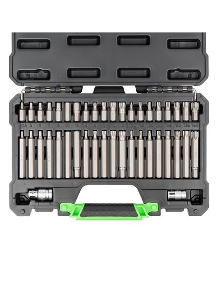 MALETÍN DE 42 PUNTAS HEXAGONALES, 12 CANTOS Y TORX INVIOLABLES DE 1/2 Y 3/8"