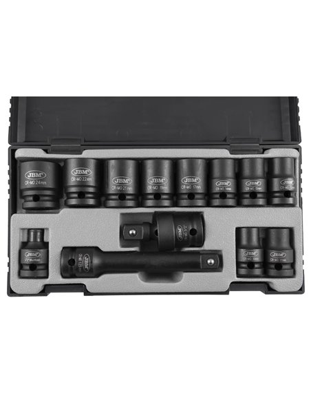 SET DE 13 VASOS DE IMPACTO HEXAGONALES DE 1/2" + ADAPTADOR