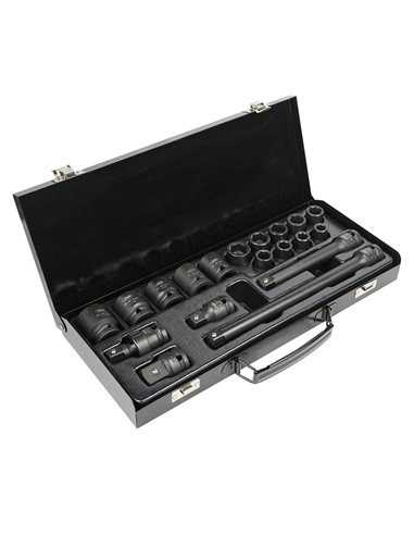 SET DE 19 PIEZAS DE IMPACTO DE 1/2" CON 14 VASOS HEXAGONALES + ADAPTADORES