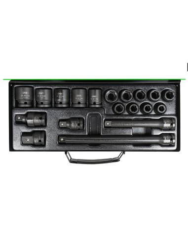 SET DE 19 PIEZAS DE IMPACTO DE 1/2" CON 14 VASOS HEXAGONALES + ADAPTADORES