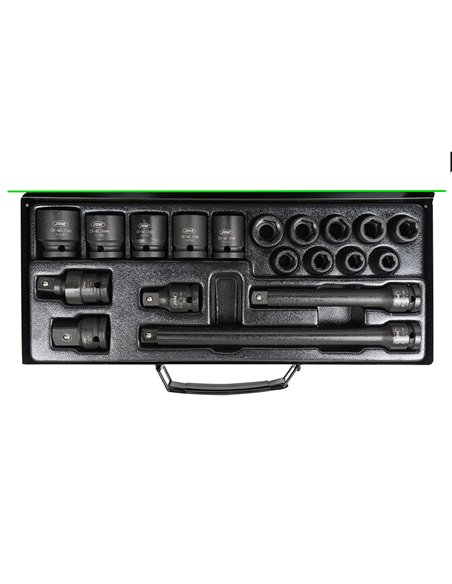 SET DE 19 PIEZAS DE IMPACTO DE 1/2" CON 14 VASOS HEXAGONALES + ADAPTADORES