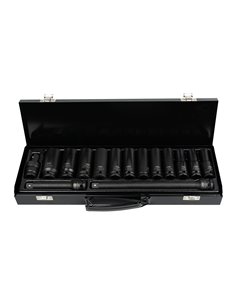 SET DE 15 PIEZAS DE IMPACTO CON 12 VASOS LARGOS DE 1/2" HEXAGONALES + ADAPTADORES
