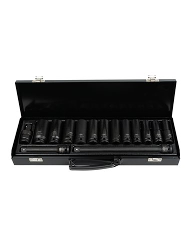 SET DE 15 PIEZAS DE IMPACTO CON 12 VASOS LARGOS DE 1/2" HEXAGONALES + ADAPTADORES