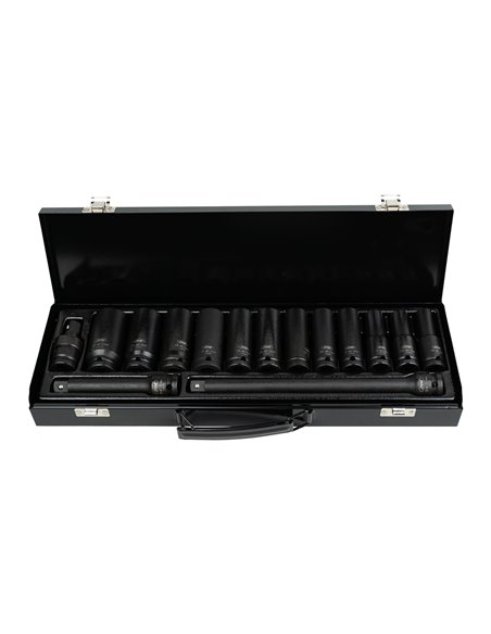 SET DE 15 PIEZAS DE IMPACTO CON 12 VASOS LARGOS DE 1/2" HEXAGONALES + ADAPTADORES