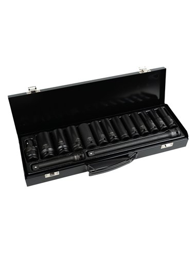 SET DE 15 PIEZAS DE IMPACTO CON 12 VASOS LARGOS DE 1/2" HEXAGONALES + ADAPTADORES