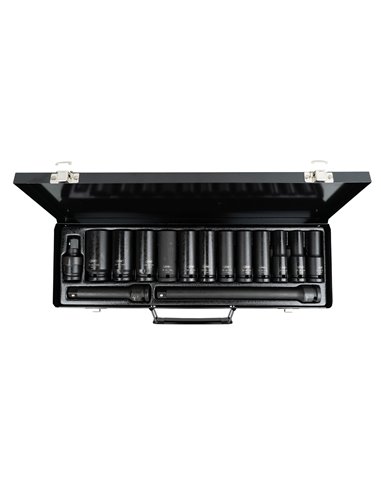 SET DE 15 PIEZAS DE IMPACTO CON 12 VASOS LARGOS DE 1/2" HEXAGONALES + ADAPTADORES