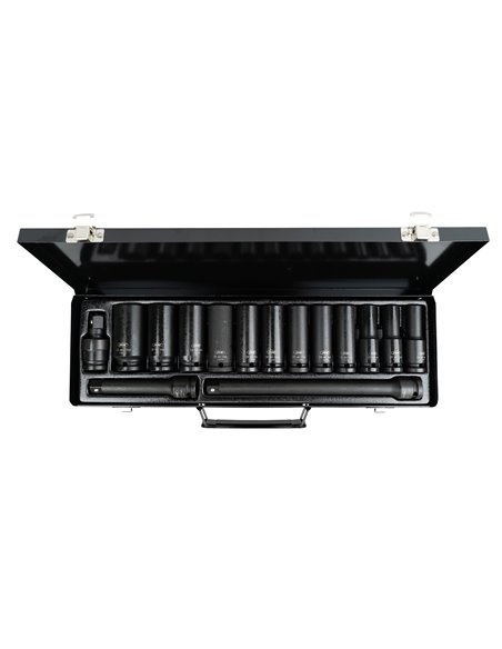SET DE 15 PIEZAS DE IMPACTO CON 12 VASOS LARGOS DE 1/2" HEXAGONALES + ADAPTADORES