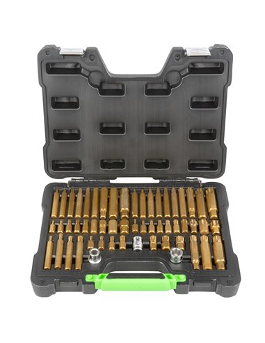 MALETÍN DE 55 PUNTAS Y ADAPTADORES HEXAGONALES, 12 CANTOS Y TORX DE 1/2" Y 3/8"