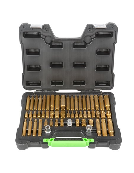 MALETÍN DE 55 PUNTAS Y ADAPTADORES HEXAGONALES, 12 CANTOS Y TORX DE 1/2" Y 3/8"