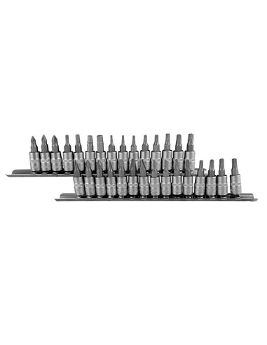 JUEGO DE 30 PUNTAS PHILIPS, PLANA, ALLEN, TORX, TORX INVIOLABLE CON VASO DE 1/4"