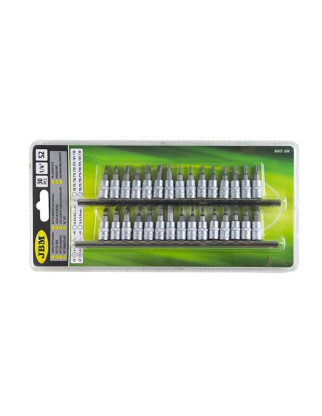 JUEGO DE 30 PUNTAS PHILIPS, PLANA, ALLEN, TORX, TORX INVIOLABLE CON VASO DE 1/4"
