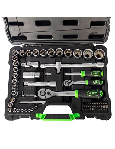 MALETÍN DE HERRAMIENTAS DE 74 PIEZAS CON VASOS DE 12 CANTOS DE 1/2" Y 1/4" CINCADO