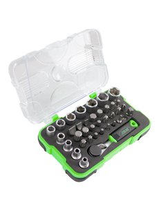 MINI ESTUCHE DE  37 PUNTAS Y VASOS CON CARRACA DE 1/4" 2