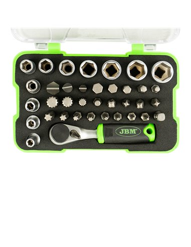 MINI ESTUCHE DE  37 PUNTAS Y VASOS CON CARRACA DE 1/4"