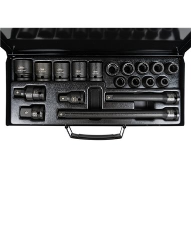 SET DE 19 PIEZAS DE IMPACTO DE 1/2" CON 14 VASOS DE 12 CANTOS + ADAPTADORES