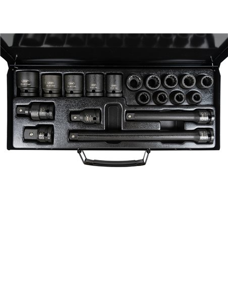 SET DE 19 PIEZAS DE IMPACTO DE 1/2" CON 14 VASOS DE 12 CANTOS + ADAPTADORES