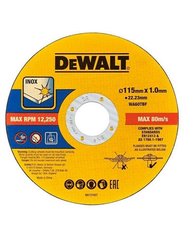 DEWALT DISCO CORTE INOX. �125x1x22,23mm. CUBO 100 PZ.
