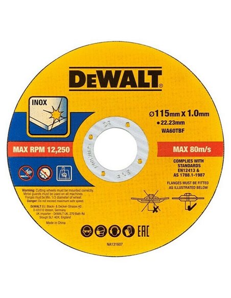 DEWALT DISCO CORTE INOX. �125x1x22,23mm. CUBO 100 PZ.