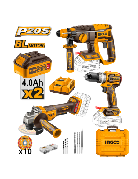 KIT INGCO 3 MAQUINAS BURSHLESS 20V Taladro + Radial + Martillo