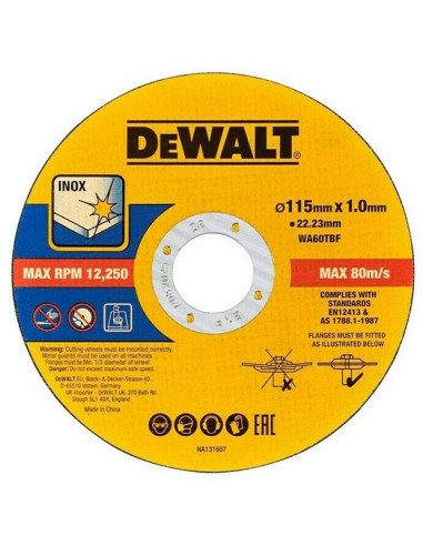 DEWALT DISCO CORTE INOX. 115x1x22,23mm. CUBO 50 PZ.