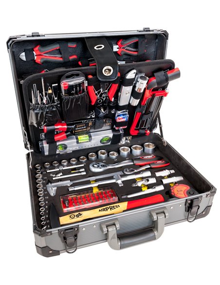 AIRPRESS Maletín de aluminio con kit de 127 herramientas de acero cromo-vanadio